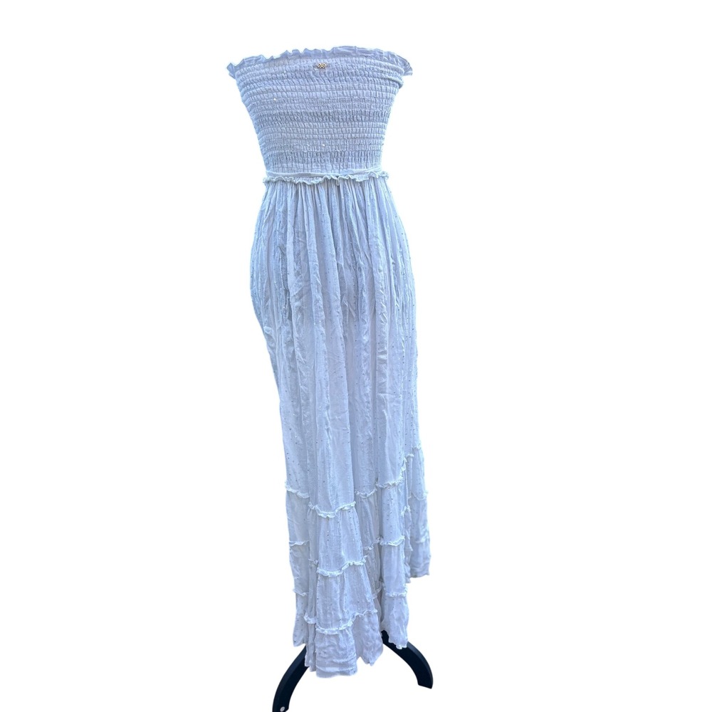 PilyQ White Sequin Smocked Strapless Maxi Dress Resort Boho XS/S - Picture 2 of 10